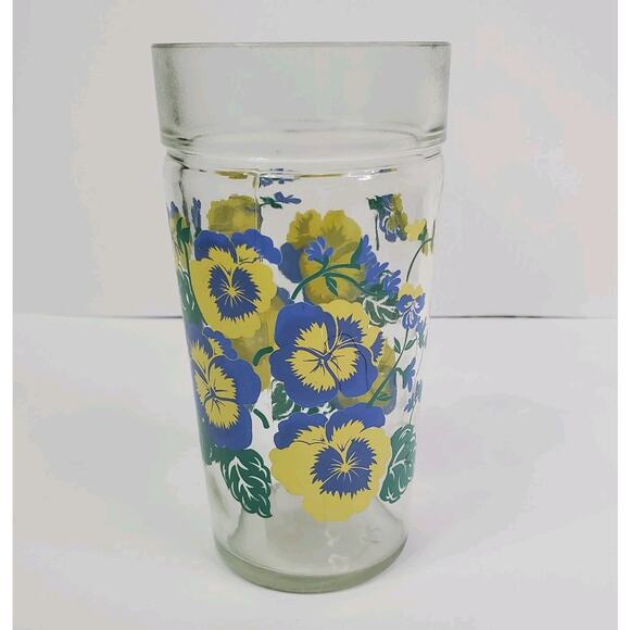 VTG Anchor Hocking Blue And Yellow Pansies 1980s Drinking Glass 6” - Picture 2 of 7